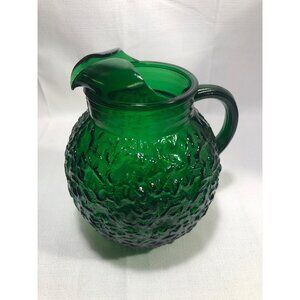 Vintage Art Deco Green Textured Glass MCM Pitcher With Handle & Spout